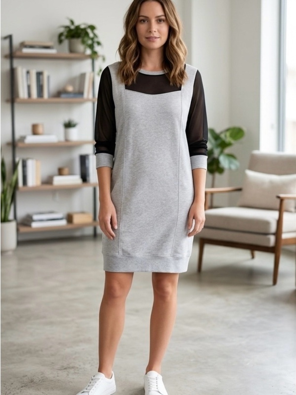 NWT French Connection Light Gray Shift Dress with Black Mesh Sleeves